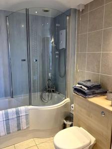 a bathroom with a shower and a toilet at Bright central large cosy flat in Fife