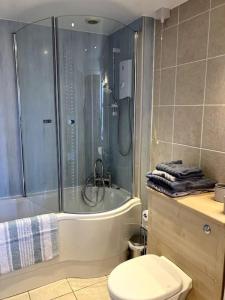 a bathroom with a shower and a toilet at Bright central large cosy flat in Fife +32 photos