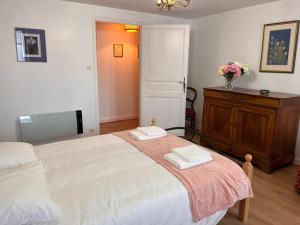 sypialnia z łóżkiem z dwoma ręcznikami w obiekcie Maison Mayeras, 3 ch w mieście Razès