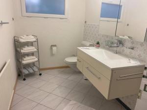 een witte badkamer met een wastafel en een toilet bij Marilyn in Niederwil