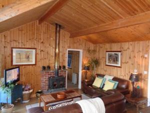 een woonkamer met een open haard in een huis bij Idyllic Log Cabin Near Stratford upon Avon in Stratford-upon-Avon