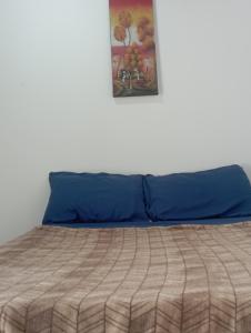 1 cama con almohadas azules y una foto en la pared en Suíte Prainha, en Río de Janeiro