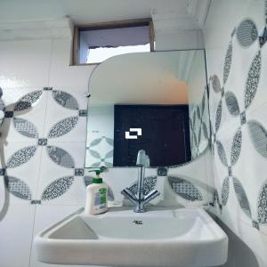 a bathroom with a sink and a mirror at Khajurāho Hostel in Khajurāho