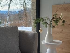 eine weiße Vase auf einem Tisch neben einer Couch in der Unterkunft Górnolotnie koło Karpacza in Karpacz