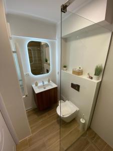 ein Bad mit einem WC und einer Glasdusche in der Unterkunft Central luxury apartment Iasi in Iaşi