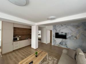 a living room with a couch and a tv on a wall at CENTRAL Aparments in Novi Pazar