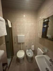 Hotel Tarvis في تارفيسيو: حمام صغير مع مرحاض ومغسلة
