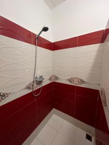 y baño con ducha y paredes de color rojo y blanco. en Dar Isma : Une maison sur océan, en Wassane 16 fotos más