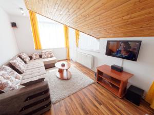 uma sala de estar com um sofá e uma televisão de ecrã plano em Hotel Oasis em Braşov