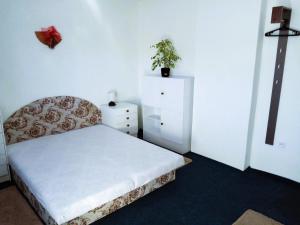 a bedroom with a bed and a dresser with a plant on it at Apartment Beatris in Jezersko