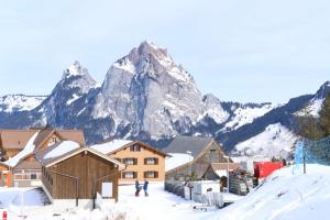 een skigebied met een berg op de achtergrond bij Marilyn in Niederwil