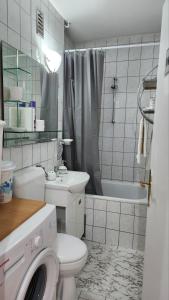 ein weißes Bad mit einem WC und einer Dusche in der Unterkunft Apartman Airport in Sarajevo
