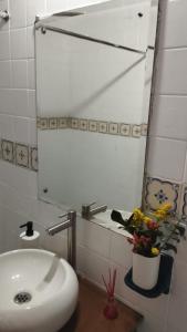 baño con lavabo, espejo y flores en Mammamia CasaHotel, en Duitama