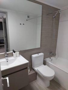 a bathroom with a toilet and a sink and a shower at Apartamento Nuevo Mall y metro Plaza Egaña in Santiago