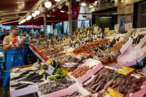 a market with many different types of fish on display at Ballarò’s Vibe in Palermo