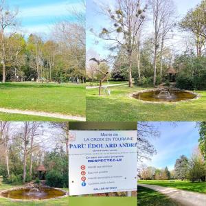 a collage of photos of a park with a fountain at Maisonnette in La Croix-en-Touraine