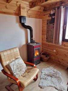 a living room with a chair and a wood stove at Family home MASA in Žabljak