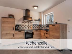 SteinbergにあるRamosHansenHof Fewo Hofglück 4Pers mit Hundのキッチン(木製キャビネット、コンロ付)