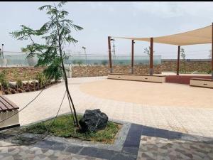 a small tree in a courtyard with a building at Studio apartment in Jumeriah village triangle in Dubai