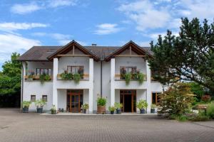 a white building with potted plants in front of it at GÄSTEHAUS AM FÜRSTWEG inklusive Frühstück in Heuchelheim-Klingen