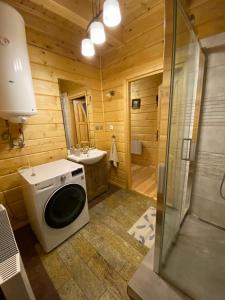 a bathroom with a washing machine and a sink at Nowica 71 Dom Jodłowy in Nowica