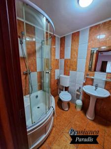 un bagno con doccia, WC e lavandino di Pensiunea Paradis a Buşteni