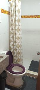 a bathroom with a toilet with a purple seat at Hotel Habitat in Ibagué