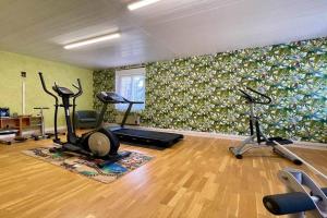 a gym with three exercise bikes in a room at Gîte des 40 écus - Maison de maître 10 personnes in Grandpré