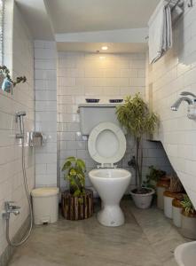 a bathroom with a toilet with plants in it at A Cosy (Greek Style) Den in Kolkata