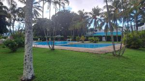 una piscina in un cortile con palme di Peaceful and Private Villa a Grand Baie