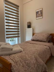 ein Schlafzimmer mit einem Bett und einem Fenster mit einem Rollladen in der Unterkunft Artaki's balcony in Nea Artaki