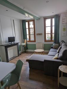 ein Wohnzimmer mit einem Sofa und einem TV in der Unterkunft Le Saint Leonard... Il est Vert in Honfleur