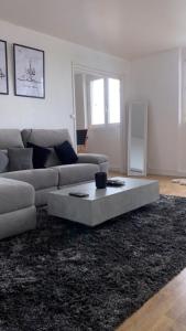 a living room with a couch and a coffee table at Appartement proche aéroport Beauvais-tille in Beauvais
