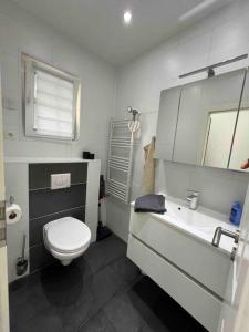 biała łazienka z toaletą i umywalką w obiekcie Schönes 2 Zimmer Apartment an der Stadt Grenze w mieście Blankenfelde