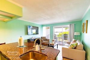 a kitchen and living room with a sink and a couch at Cool Notes - Enjoy the sounds of the Bay in Tampa