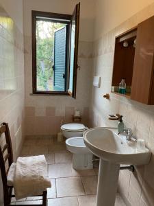bagno con lavandino, servizi igienici e finestra di Agriturismo Pranu a Sorgono