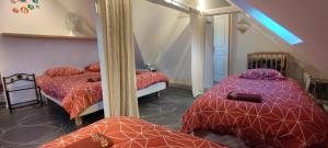 a bedroom with two beds and a mirror at Double gite, Duplex et Chaleureuse petite maison in Beaumont-sur-Sarthe