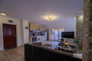 a large living room with a couch and a kitchen at Cozy & Delightful Apart & AUBG & Free Garage Parking in Blagoevgrad