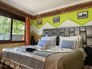 ein Schlafzimmer mit einem großen Bett mit blauen und grünen Wänden in der Unterkunft Riad Jnane Imlil in Imlil