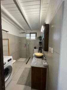 a bathroom with a sink and a washing machine at Studio Colline Nettle in Marigot
