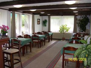 un restaurant avec des tables vertes, des chaises et des fenêtres dans l'établissement pension Jesen, à Benecko