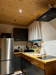 a kitchen with a stainless steel refrigerator and wooden cabinets at Domek u Hanci z balia na wyłączność in Ząb