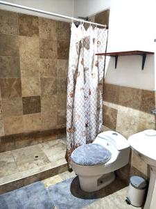 a bathroom with a toilet and a shower at Zorritos Backpakers in Tumbes