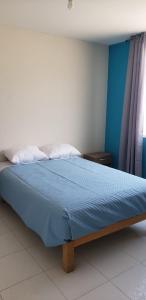 a bedroom with a bed with blue sheets and a window at Sacasa Summer in Los Cerrillos