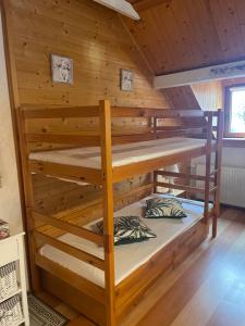 a bunk bed in a cabin with a wooden wall at Ranczo Frodyma in Stronie Śląskie