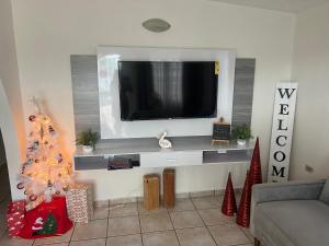 a living room with a television and a christmas tree at Life Is Good in Fajardo