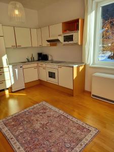 a kitchen with white cabinets and a rug at FLORES, Ferienhaus oder Doppelzimmer, im Grünen, 5 Gehminuten ins Zentrum, Parkplatz, zero emissions in Bad Ischl