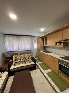 uma sala de estar com um sofá e uma cozinha em Apartman Crkvice Zenica em Zenica