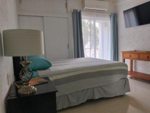 1 dormitorio con 1 cama con lámpara y ventana en Hotel Dos Mundos, Isla Cozumel en Cozumel