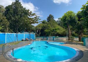 einen Pool mit blauem Wasser und Bäumen in der Unterkunft The Green Heaven Resort in Sigiriya